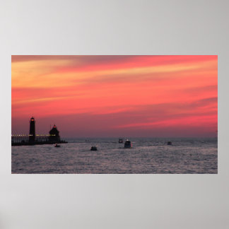 Light house against majestic sunset on channel in poster