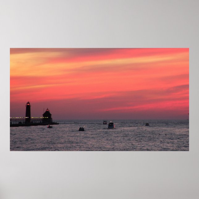 Light house against majestic sunset on channel in poster (Front)