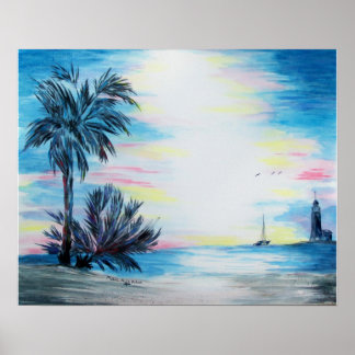 Light House and Palm Trees on the Beach Poster
