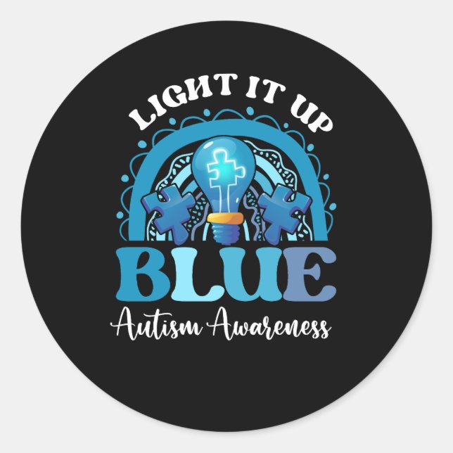 Light It Up Blue Autism Awareness Month Rainbow Pu Classic Round Sticker (Front)