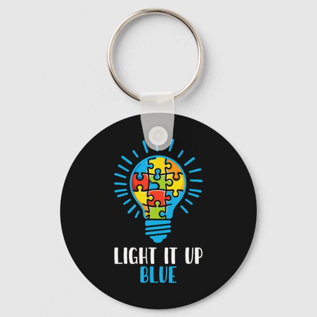 Light It Up Blue Autism Awareness Puzzle Light Bul Keychain (Front)