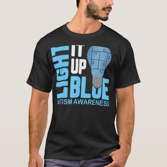 Light It Up Blue Autism Awareness Puzzle Piece Rib T-Shirt (Front)
