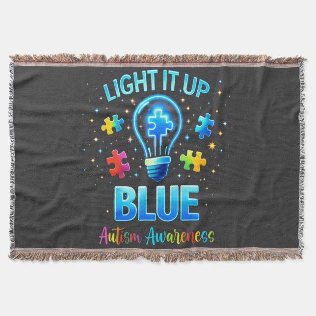 Light It Up Blue Autistic Autism Awareness Throw Blanket (Front)