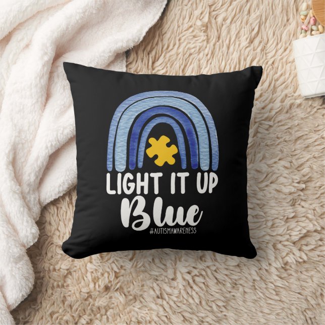 Light It Up Blue Rainbow Autism Awareness Family Throw Pillow (Blanket)