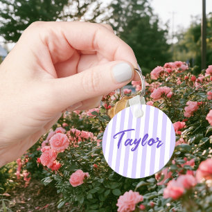 Light Lavender and White Cabana Stripe Keychain