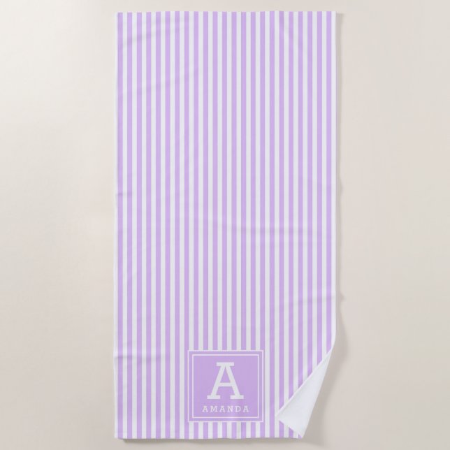 Light Lavender Cabana Stripes Monogrammed Initial Beach Towel (Front)
