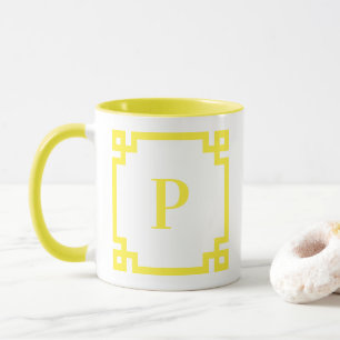Light Lemon Yellow Greek Key Border Monogram Mug