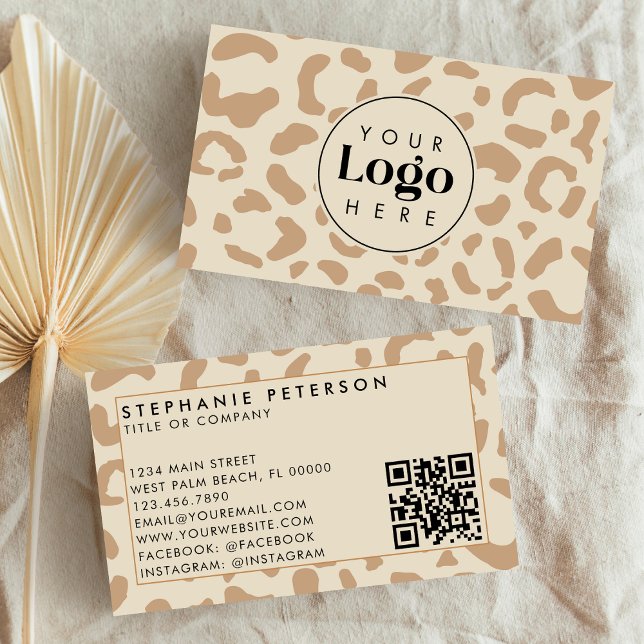 Light Leopard Print Custom Company Logo QR Code Business Card (Creator Uploaded)