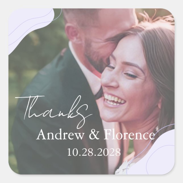 Light Lilac Wedding Photo Space Cursive Serif Text Square Sticker (Front)