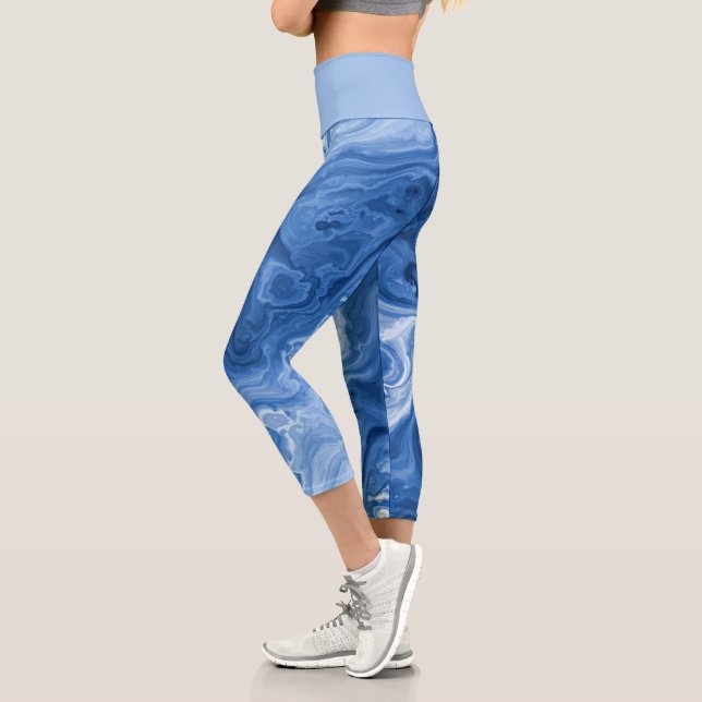 Light Medium Dark Blue Marble Swirls Art Pattern Capri Leggings (Left)