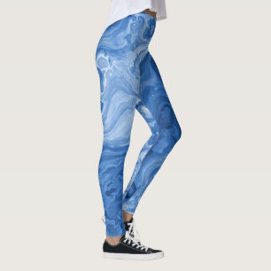 Light Medium Dark Blue Marble Swirls Art Pattern Leggings
