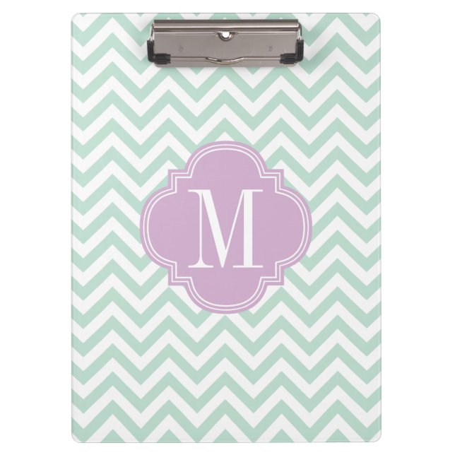Light Mint Chevron Zigzag Personalized Monogram Clipboard (Front)