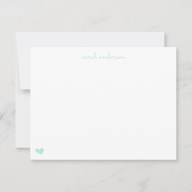 Light Mint Doodle Heart Personalized Stationery Card (Front)