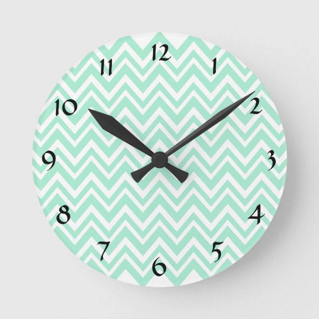 Light Mint Green and White Zigzag Pattern Round Clock (Front)