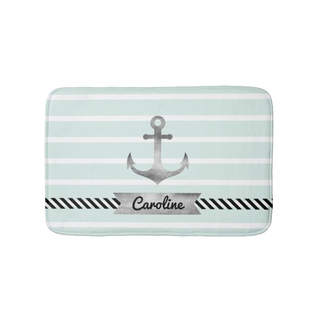 Light Mint Grey Anchor Personalized Bath Mat (Front)
