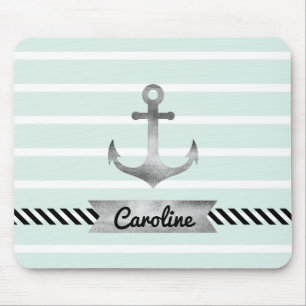 Light Mint Stripes Watercolor Anchor Personalized Mouse Pad