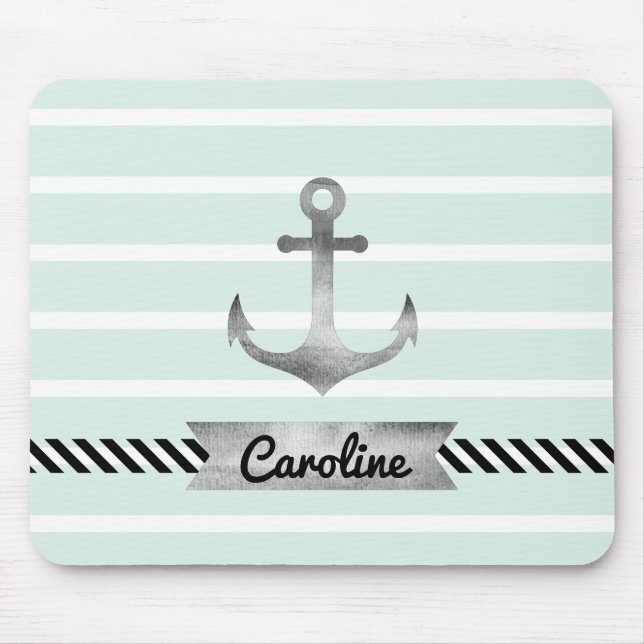 Light Mint Stripes Watercolor Anchor Personalized Mouse Pad (Front)