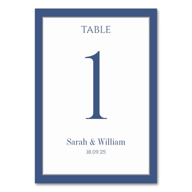 Light Navy Blue Border Wedding Table Number Card (Back)