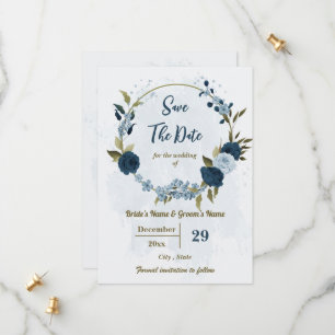 light &navy blue flowers botanical wedding save the date