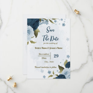 light &navy blue flowers botanical wedding save the date