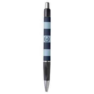 Light & Navy Blue Striped Monogram Personalized Pen