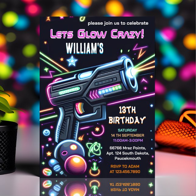 light neon Glow arcade gun Laser Tag 13th Birthday Invitation (Creator Uploaded)