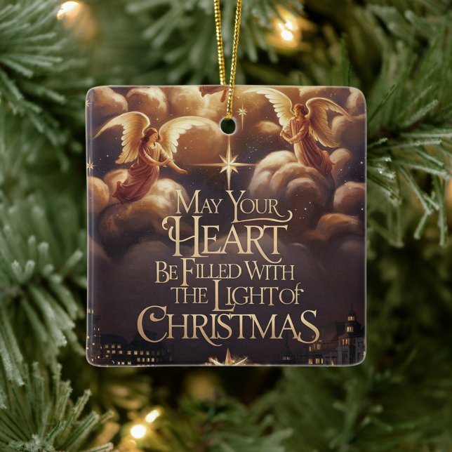 Light of Christmas Angelic Postcard Design Ceramic Ornament (Tree)