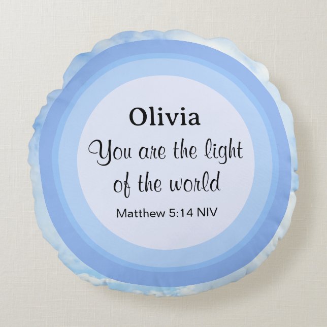 Light of the World Baby Blue Bible Verse Name Round Pillow (Front)