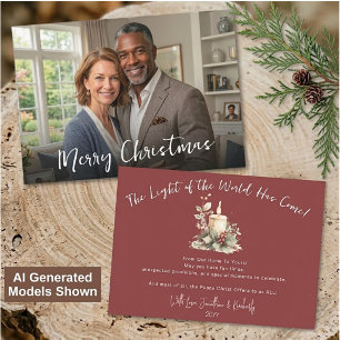 Light Of The World Watercolor Candle Script Photo Holiday Card