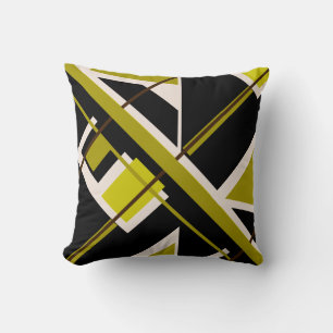 Light Olive  Black White Mosaic Bold Slanted Motif Throw Pillow