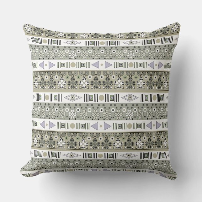 Light olive gray ethnic striped ornament throw pillow (Front)