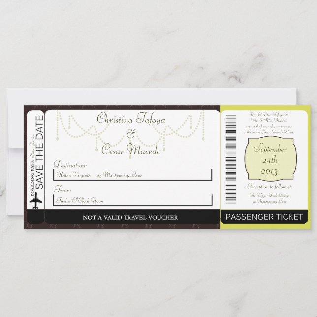 Light/Olive Green Boarding Pass Wedding Invitation (Front)