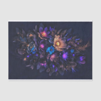 Light orange, deep purple, blue and dark flowers tissue paper