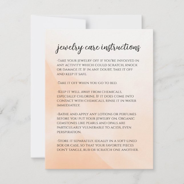 Light Orange Jewellery Care Instructions Note Card (Front)