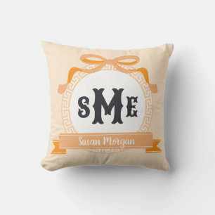 Light Orange Reverse Greek Key Bow Monogram Throw Pillow