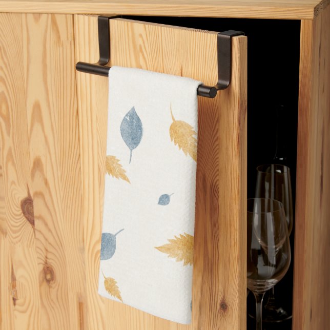 Light Pastel Blue and Brown Autumn Leaves Pattern Kitchen Towel (Thirds Fold)