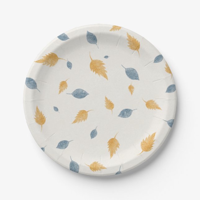Light Pastel Blue and Brown Autumn Leaves Pattern Paper Plate (Front)