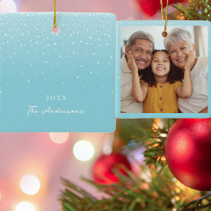 Light Pastel Blue Snowy Winter Family Photo Ceramic Ornament