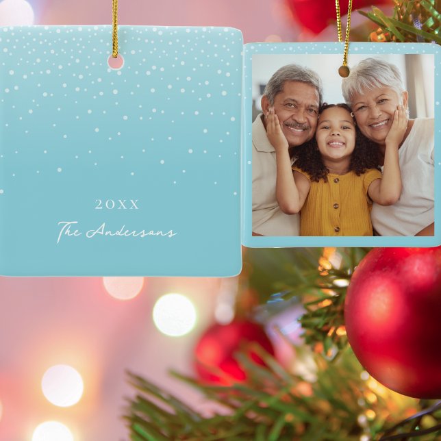 Light Pastel Blue Snowy Winter Family Photo Ceramic Ornament (Creator Uploaded)