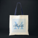 Light pastel & navy blue monogram wedding tote bag<br><div class="desc">Light pastel & navy blue wedding tote bag with personalized monogram. Vintage chic style design. Customize for bridesmaids,  flower girls,  maid of honour,  mother of the bride,  guests etc. Elegant script text for name. Gold yellow name initial.</div>