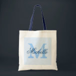 Light pastel & navy blue monogram wedding tote bag<br><div class="desc">Light pastel & navy blue wedding tote bag with personalized monogram. Vintage chic style design. Customize for bridesmaids,  flower girls,  maid of honour,  mother of the bride,  guests etc. Elegant script text for name. Gold yellow name initial.</div>