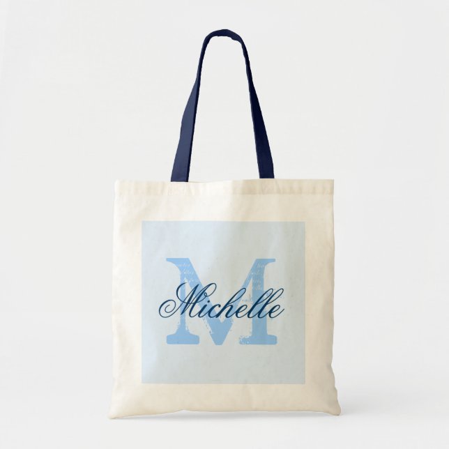 Light pastel & navy blue monogram wedding tote bag (Front)