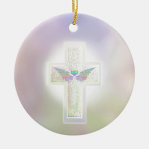 Light pastel pearl cross with heart and angel wing ceramic ornament