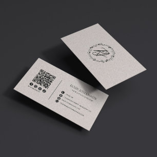 Light Pastel Pink Monogram QR & Social Media Business Card