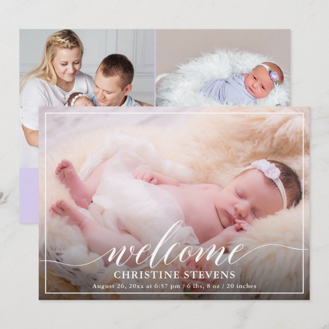 Light Pastel Purple 3 Photo Birth Announcement (Front/Back)