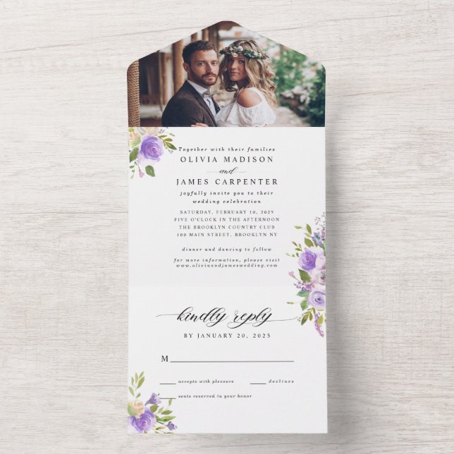 Light Pastel Purple Greenery Floral Photo Wedding All In One Invitation (Inside)