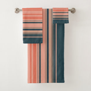 Light peach, coral, and orange striped pattern bath towel set