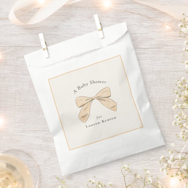 Light Peach Plaid Bow Elegant Neutral Baby Shower Favour Bag (Clipped)