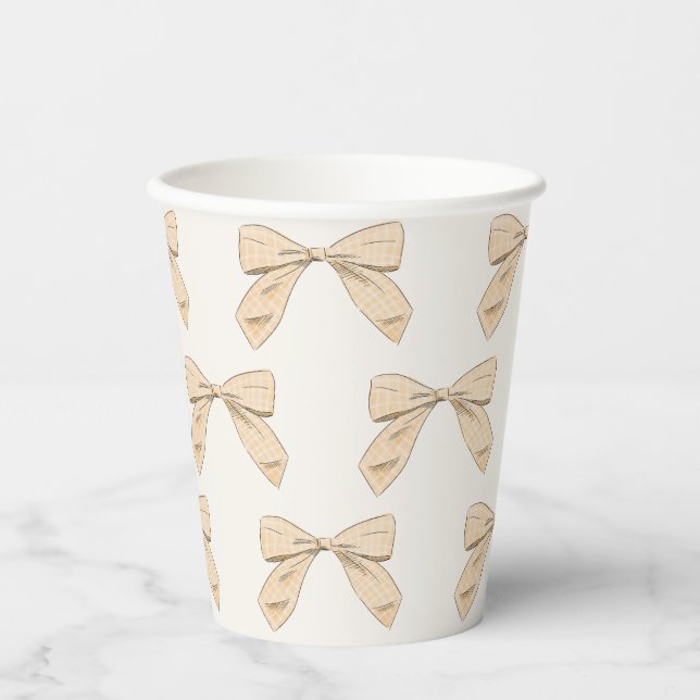 Light Peach Plaid Bow Elegant Neutral Baby Shower Paper Cups (Front)
