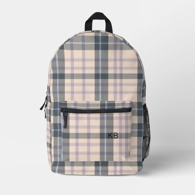 Light Peach Plaid Tartan Check Monogram Initials Printed Backpack (Front)